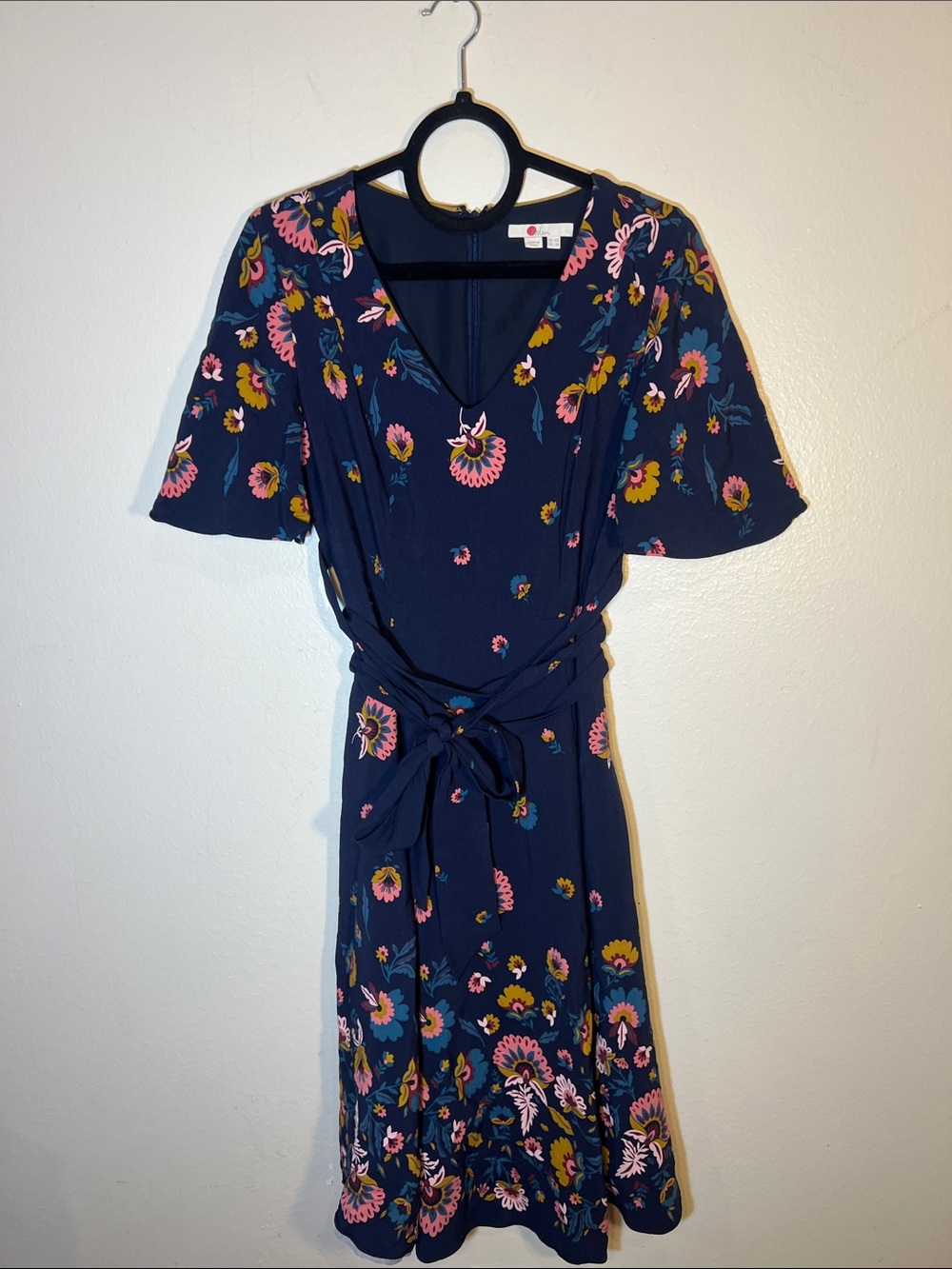Boden Navy Pink Mustard Teal Floral Flutter Sleeve V-Neck Midi Dress - Navy Pink